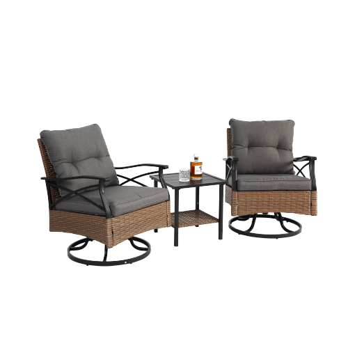 Outdoor swivel rocking chair set, 3 pieces, with 1 table and 2 rocking chairs, support 350 lbs, brown wicker outdoor furniture patio conversation set