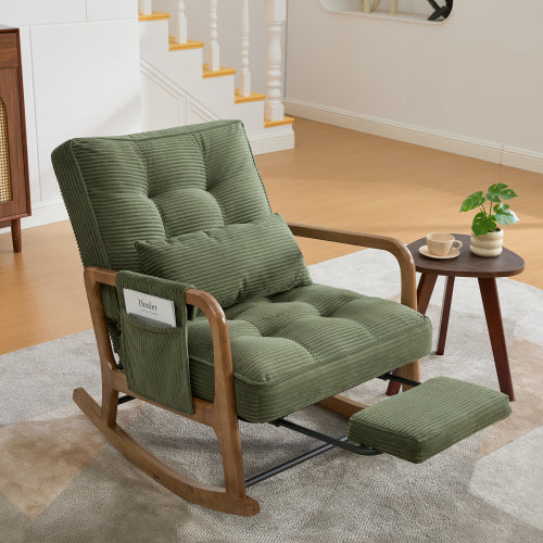 Modern rocking chair with footrest, corduroy baby armchair with side pockets, ergonomic leisure chair with lumbar cushion & adjustable backrest – suitable for living room, bedroom, and children's room (gray corduroy).