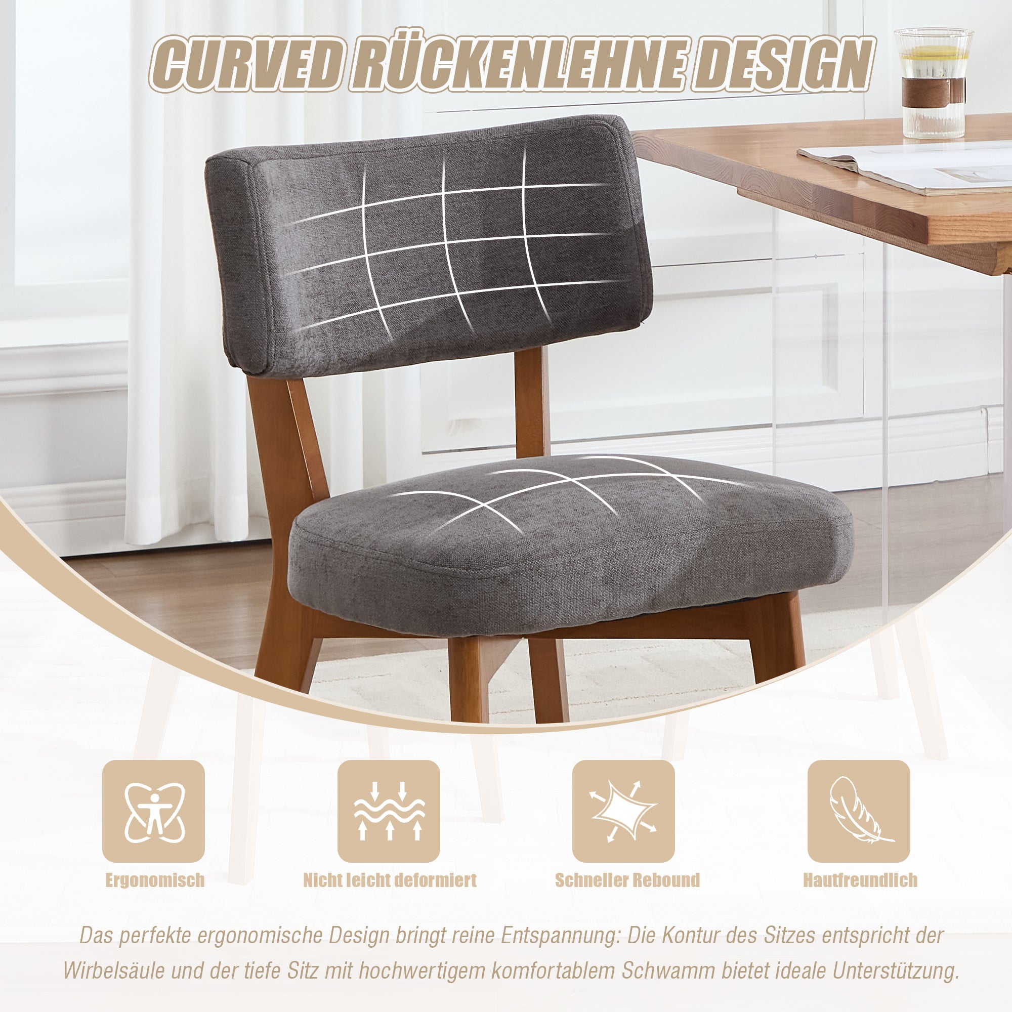 Modern Mid-Century Style Dining Chairs Set of 2, Solid Wood Legs, Fabric Upholstered Seat for Kitchen, Dining Room, or Office
