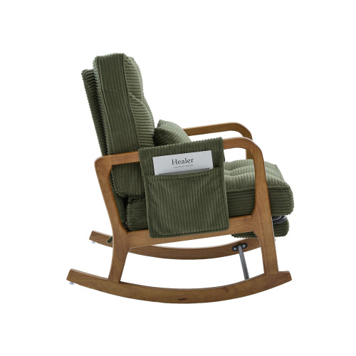 Modern rocking chair with footrest, corduroy baby armchair with side pockets, ergonomic leisure chair with lumbar cushion & adjustable backrest – suitable for living room, bedroom, and children's room (gray corduroy).