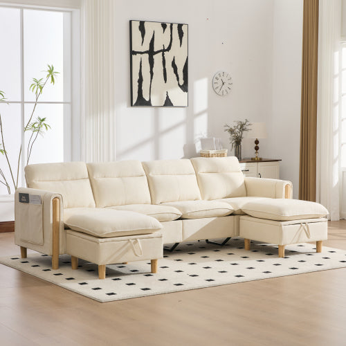 Large U-shaped sofa set with two storage ottomans; modular four-seater sofa with wooden table legs; comfortable fabric sofa, ideal for the living room and family area