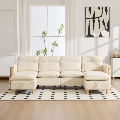 Large U-shaped sofa set with two storage ottomans; modular four-seater sofa with wooden table legs; comfortable fabric sofa, ideal for the living room and family area