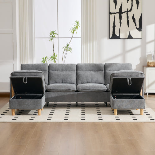 Large U-shaped sofa set with two storage ottomans; modular four-seater sofa with wooden table legs; comfortable fabric sofa, ideal for the living room and family area