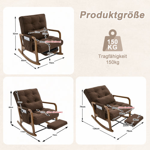Modern rocking chair with footrest, corduroy baby armchair with side pockets, ergonomic leisure chair with lumbar cushion & adjustable backrest – suitable for living room, bedroom, and children's room (gray corduroy).