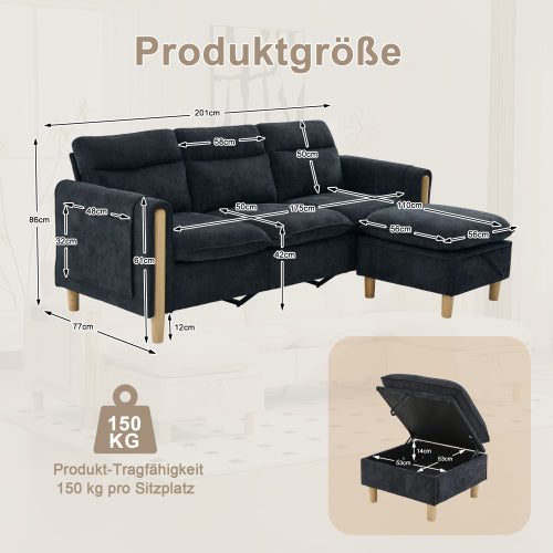 Large U-shaped sofa set with two storage ottomans; modular four-seater sofa with wooden table legs; comfortable fabric sofa, ideal for the living room and family area