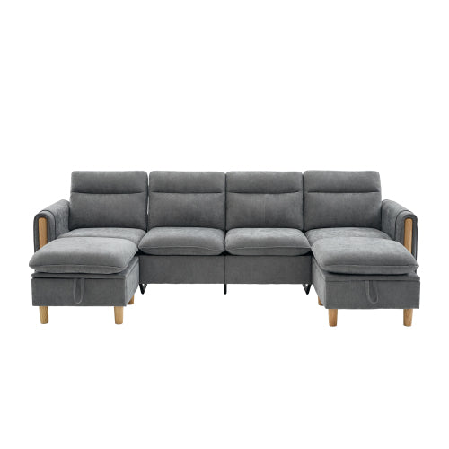 Large U-shaped sofa set with two storage ottomans; modular four-seater sofa with wooden table legs; comfortable fabric sofa, ideal for the living room and family area