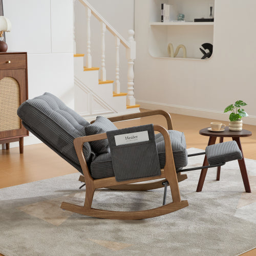 Modern rocking chair with footrest, corduroy baby armchair with side pockets, ergonomic leisure chair with lumbar cushion & adjustable backrest – suitable for living room, bedroom, and children's room (gray corduroy).