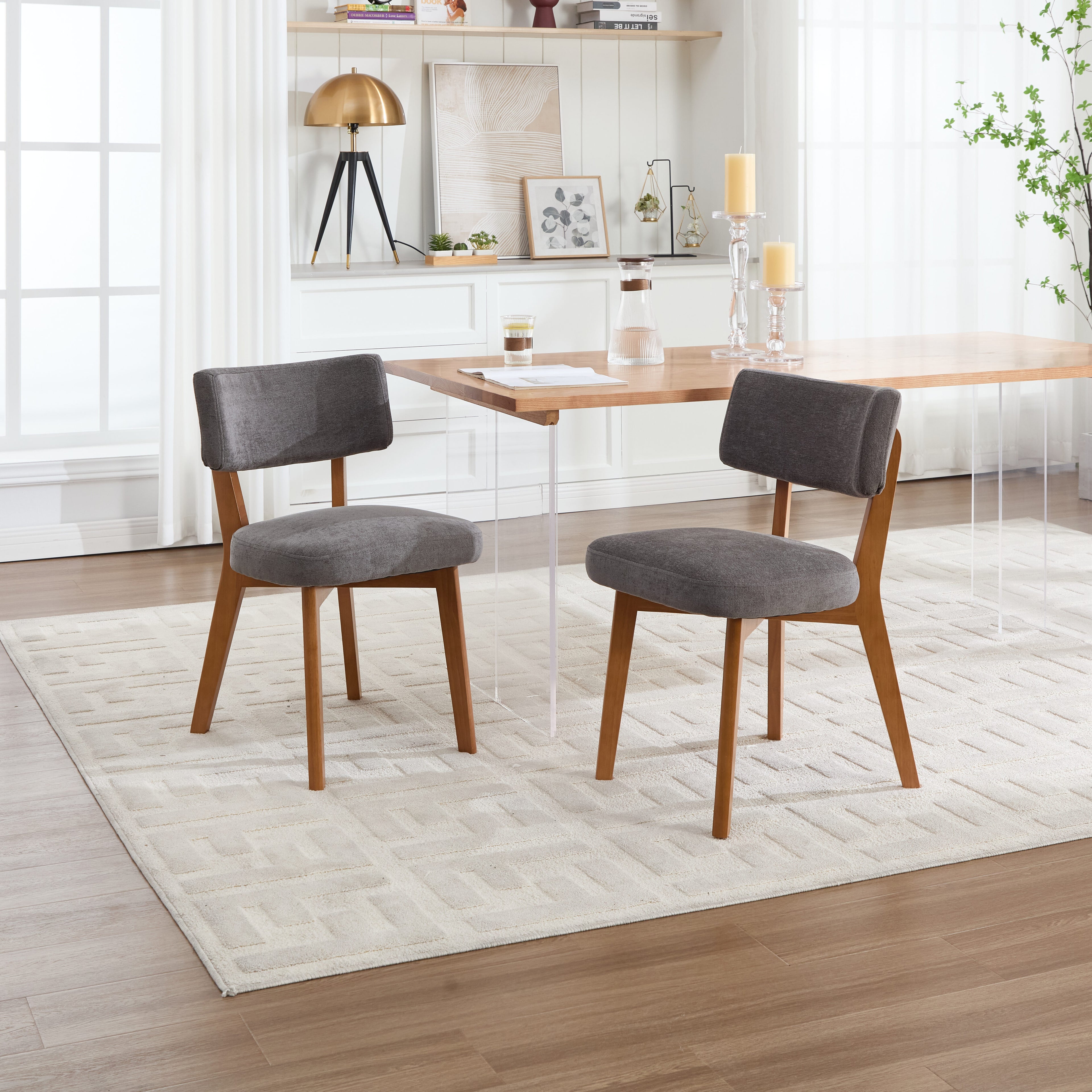 Modern Mid-Century Style Dining Chairs Set of 2, Solid Wood Legs, Fabric Upholstered Seat for Kitchen, Dining Room, or Office