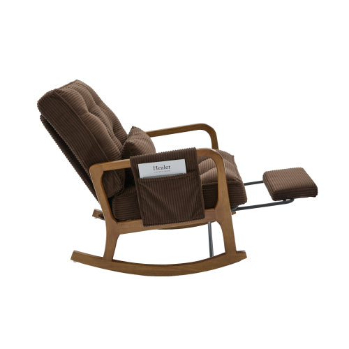 Modern rocking chair with footrest, corduroy baby armchair with side pockets, ergonomic leisure chair with lumbar cushion & adjustable backrest – suitable for living room, bedroom, and children's room (gray corduroy).