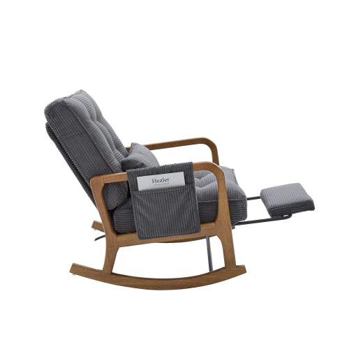 Modern rocking chair with footrest, corduroy baby armchair with side pockets, ergonomic leisure chair with lumbar cushion & adjustable backrest – suitable for living room, bedroom, and children's room (gray corduroy).