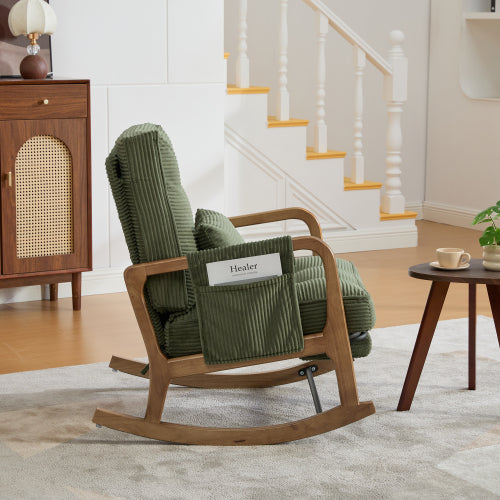 Modern rocking chair with footrest, corduroy baby armchair with side pockets, ergonomic leisure chair with lumbar cushion & adjustable backrest – suitable for living room, bedroom, and children's room (gray corduroy).