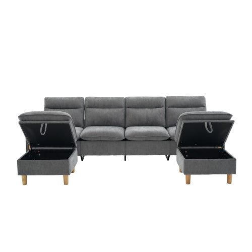 Large U-shaped sofa set with two storage ottomans; modular four-seater sofa with wooden table legs; comfortable fabric sofa, ideal for the living room and family area