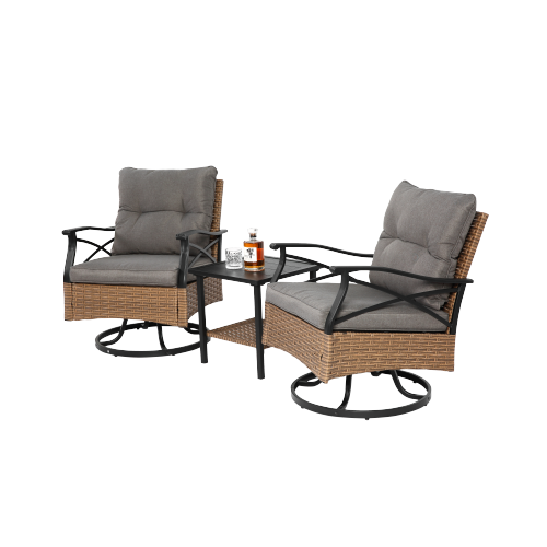 Outdoor swivel rocking chair set, 3 pieces, with 1 table and 2 rocking chairs, support 350 lbs, brown wicker outdoor furniture patio conversation set