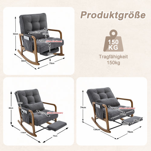 Modern rocking chair with footrest, corduroy baby armchair with side pockets, ergonomic leisure chair with lumbar cushion & adjustable backrest – suitable for living room, bedroom, and children's room (gray corduroy).