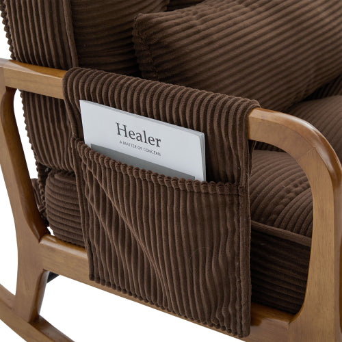 Modern rocking chair with footrest, corduroy baby armchair with side pockets, ergonomic leisure chair with lumbar cushion & adjustable backrest – suitable for living room, bedroom, and children's room (gray corduroy).