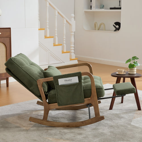 Modern rocking chair with footrest, corduroy baby armchair with side pockets, ergonomic leisure chair with lumbar cushion & adjustable backrest – suitable for living room, bedroom, and children's room (gray corduroy).