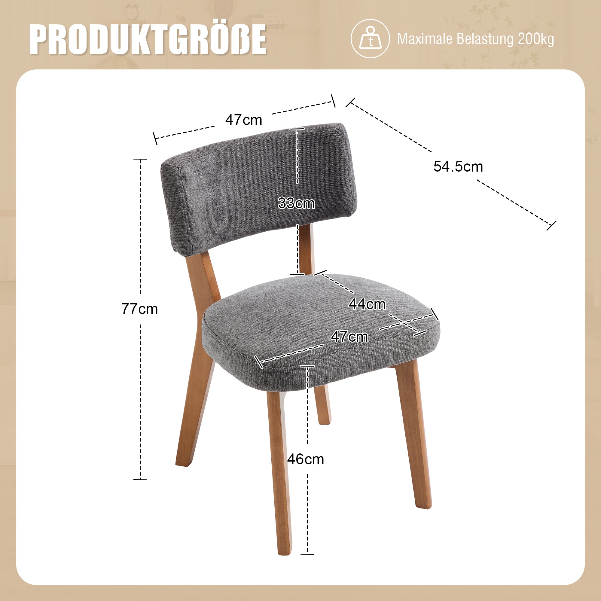 Modern Mid-Century Style Dining Chairs Set of 2, Solid Wood Legs, Fabric Upholstered Seat for Kitchen, Dining Room, or Office
