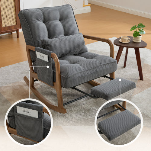 Modern rocking chair with footrest, corduroy baby armchair with side pockets, ergonomic leisure chair with lumbar cushion & adjustable backrest – suitable for living room, bedroom, and children's room (gray corduroy).