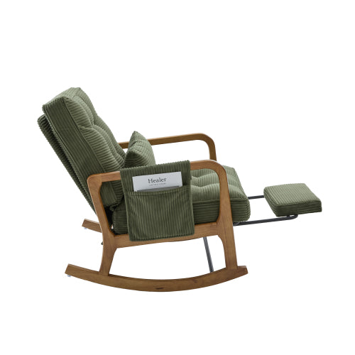 Modern rocking chair with footrest, corduroy baby armchair with side pockets, ergonomic leisure chair with lumbar cushion & adjustable backrest – suitable for living room, bedroom, and children's room (gray corduroy).