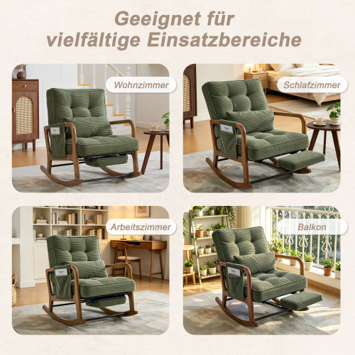 Modern rocking chair with footrest, corduroy baby armchair with side pockets, ergonomic leisure chair with lumbar cushion & adjustable backrest – suitable for living room, bedroom, and children's room (gray corduroy).