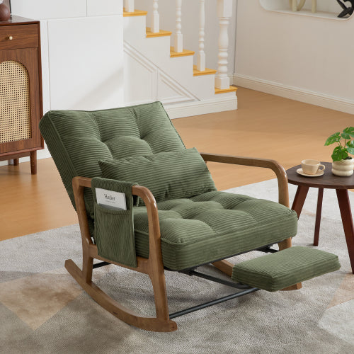 Modern rocking chair with footrest, corduroy baby armchair with side pockets, ergonomic leisure chair with lumbar cushion & adjustable backrest – suitable for living room, bedroom, and children's room (gray corduroy).