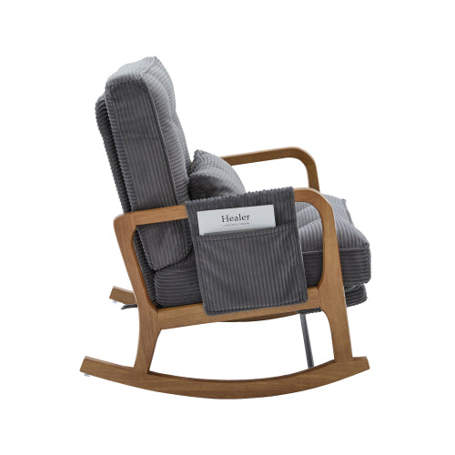 Modern rocking chair with footrest, corduroy baby armchair with side pockets, ergonomic leisure chair with lumbar cushion & adjustable backrest – suitable for living room, bedroom, and children's room (gray corduroy).