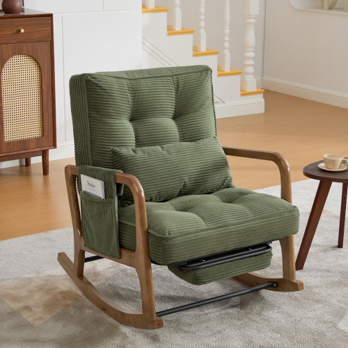 Modern rocking chair with footrest, corduroy baby armchair with side pockets, ergonomic leisure chair with lumbar cushion & adjustable backrest – suitable for living room, bedroom, and children's room (gray corduroy).