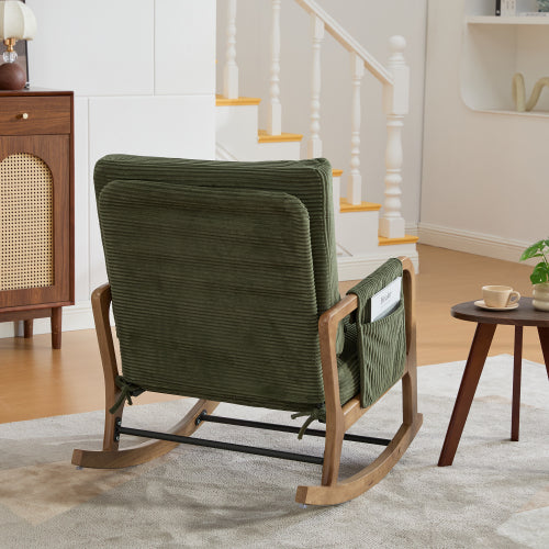 Modern rocking chair with footrest, corduroy baby armchair with side pockets, ergonomic leisure chair with lumbar cushion & adjustable backrest – suitable for living room, bedroom, and children's room (gray corduroy).