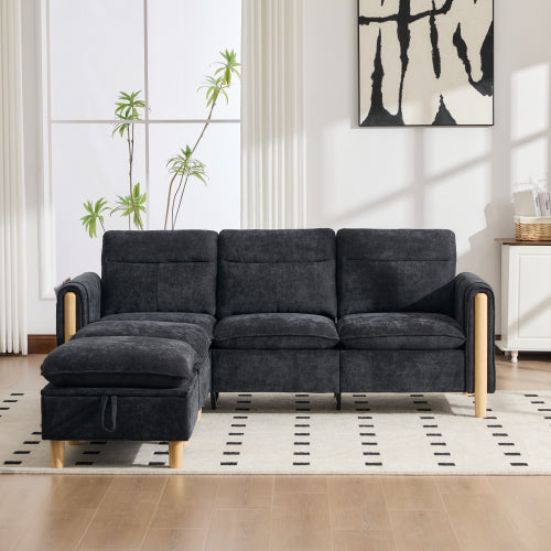 Large U-shaped sofa set with two storage ottomans; modular four-seater sofa with wooden table legs; comfortable fabric sofa, ideal for the living room and family area