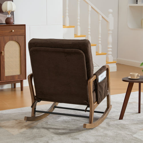 Modern rocking chair with footrest, corduroy baby armchair with side pockets, ergonomic leisure chair with lumbar cushion & adjustable backrest – suitable for living room, bedroom, and children's room (gray corduroy).