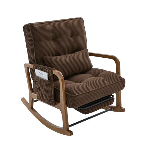 Modern rocking chair with footrest, corduroy baby armchair with side pockets, ergonomic leisure chair with lumbar cushion & adjustable backrest – suitable for living room, bedroom, and children's room (gray corduroy).