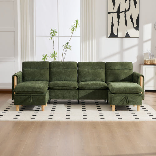 Large U-shaped sofa set with two storage ottomans; modular four-seater sofa with wooden table legs; comfortable fabric sofa, ideal for the living room and family area