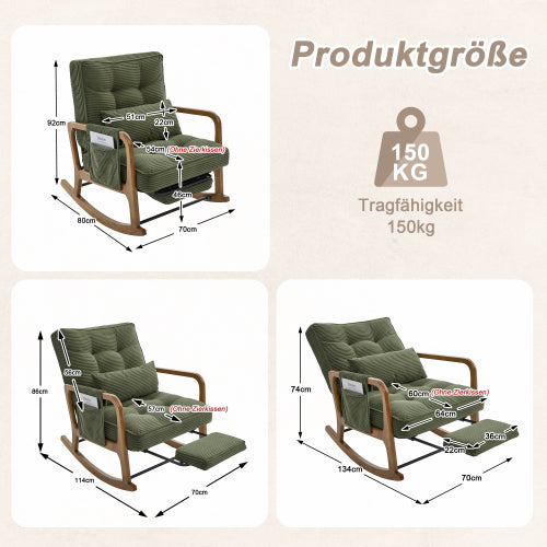 Modern rocking chair with footrest, corduroy baby armchair with side pockets, ergonomic leisure chair with lumbar cushion & adjustable backrest – suitable for living room, bedroom, and children's room (gray corduroy).