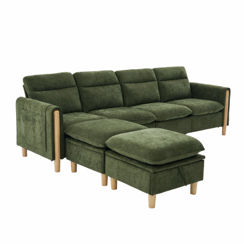 Large U-shaped sofa set with two storage ottomans; modular four-seater sofa with wooden table legs; comfortable fabric sofa, ideal for the living room and family area